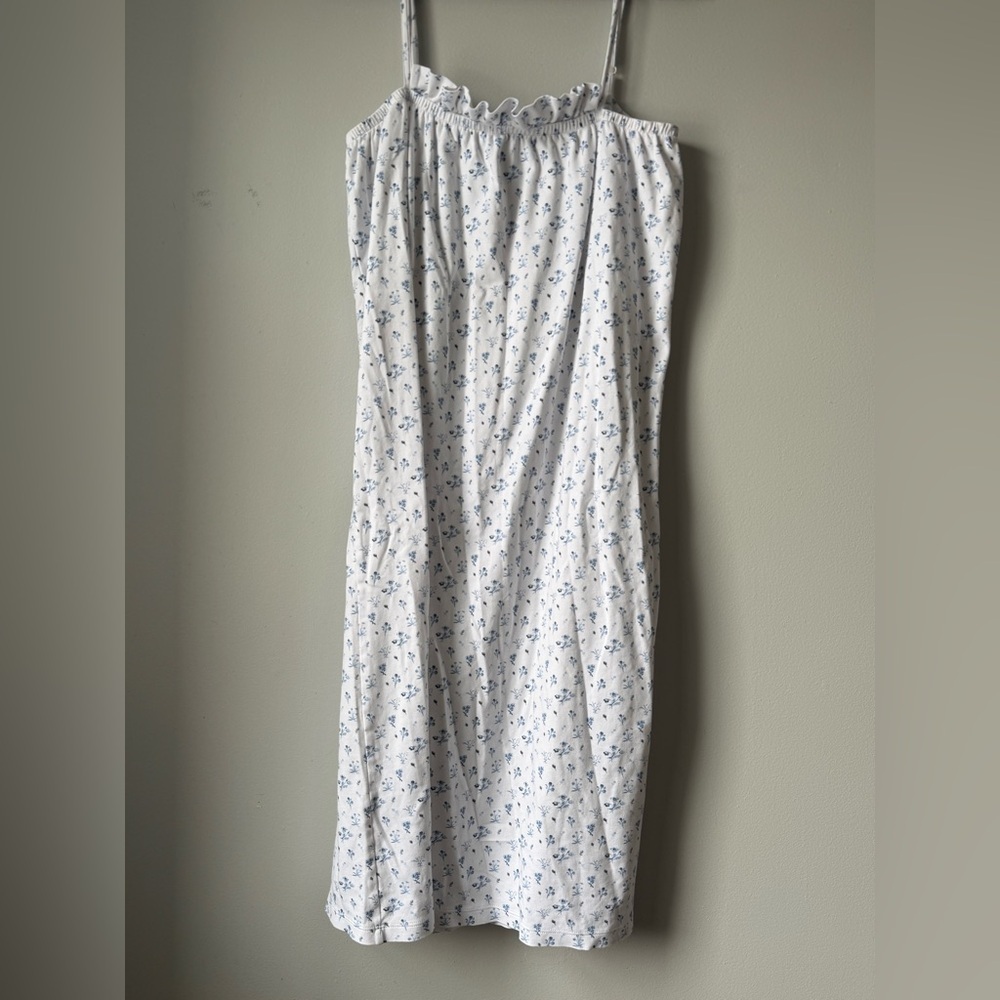 LAKE PIMA COTTON Floral White Blue Ruffle Nightgown Dress Pajamas Sleeveless M - Picture 3 of 12